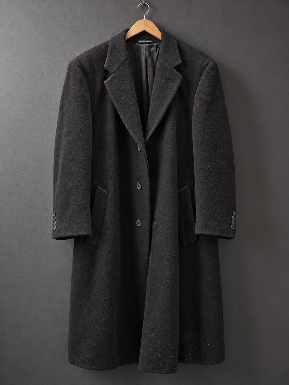 Cashmere Blend Men's Black Long Overcoat Lined Button Closure Notched Collar